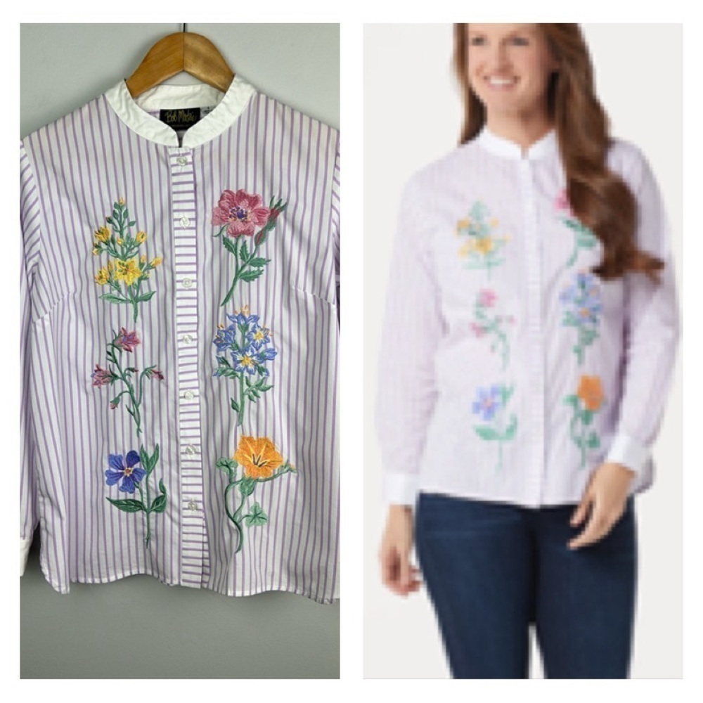 Bob Mackey Wearable Art Embroidered Button Front Long Sleeve Striped Blouse Top